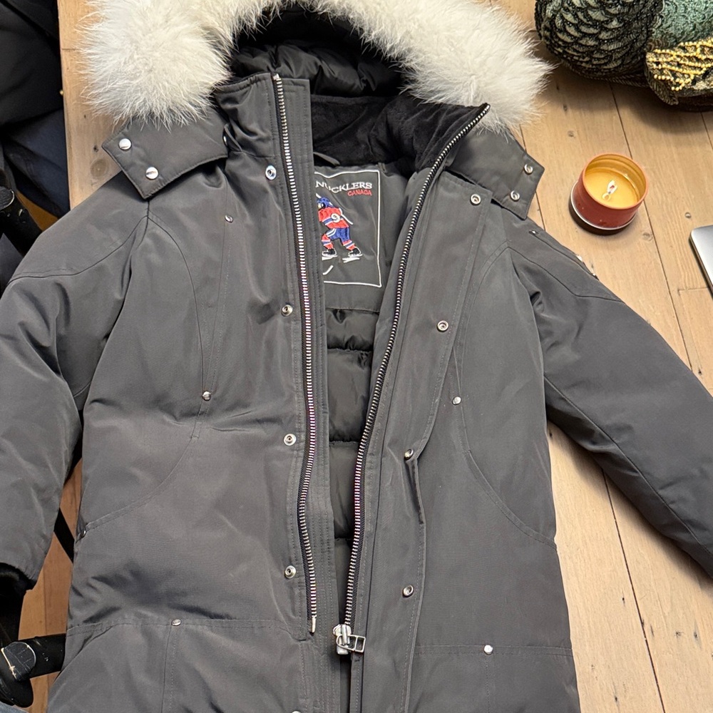 Girls Moose Knuckles Charcoal Puffer with Fur Trim